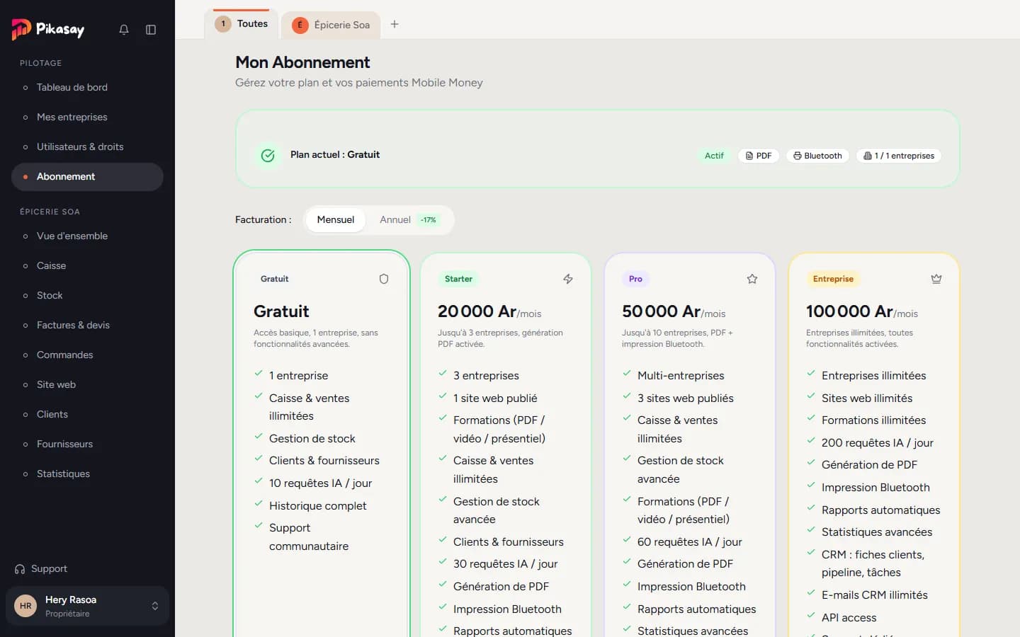 Page Abonnement : plan actuel et offres