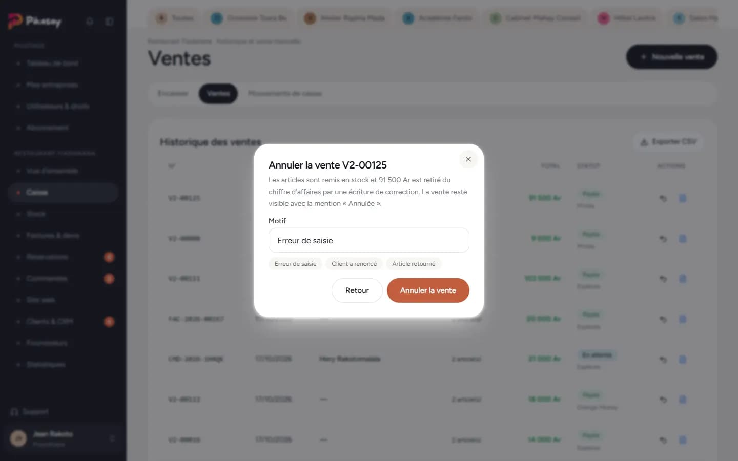 Confirmation d'annulation avec le motif