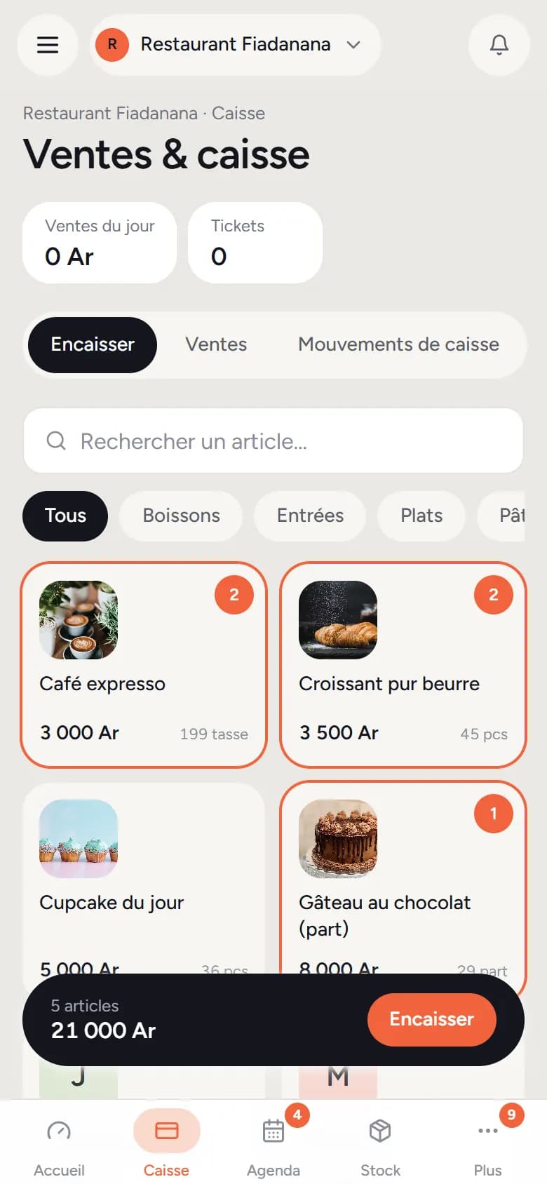 Barre du ticket en bas de l'écran