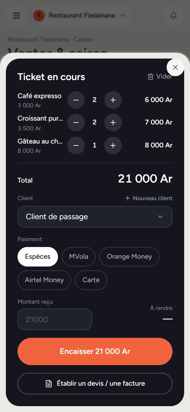 Ticket ouvert : paiement et montant reçu