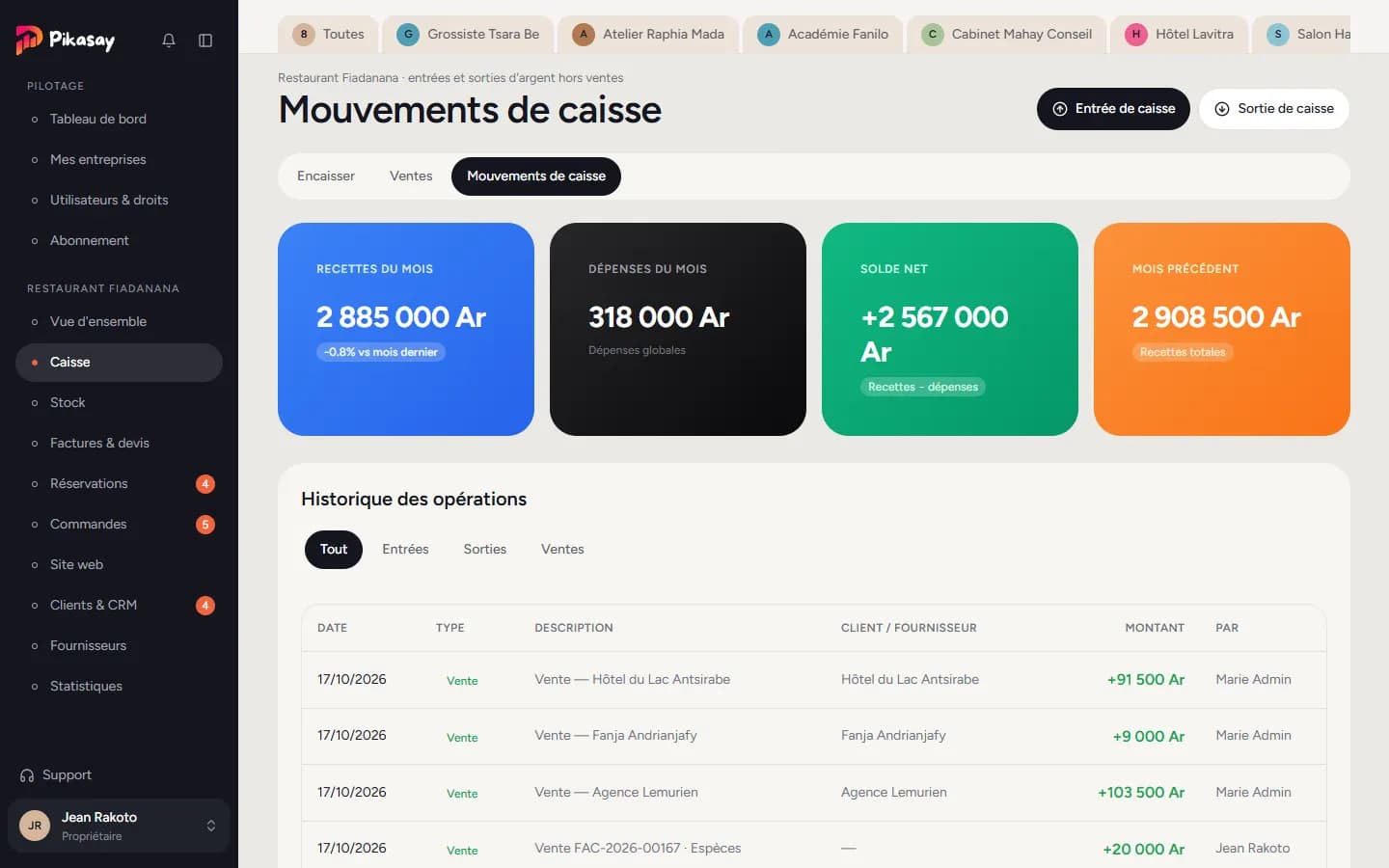 Mouvements de caisse : totaux du mois et historique