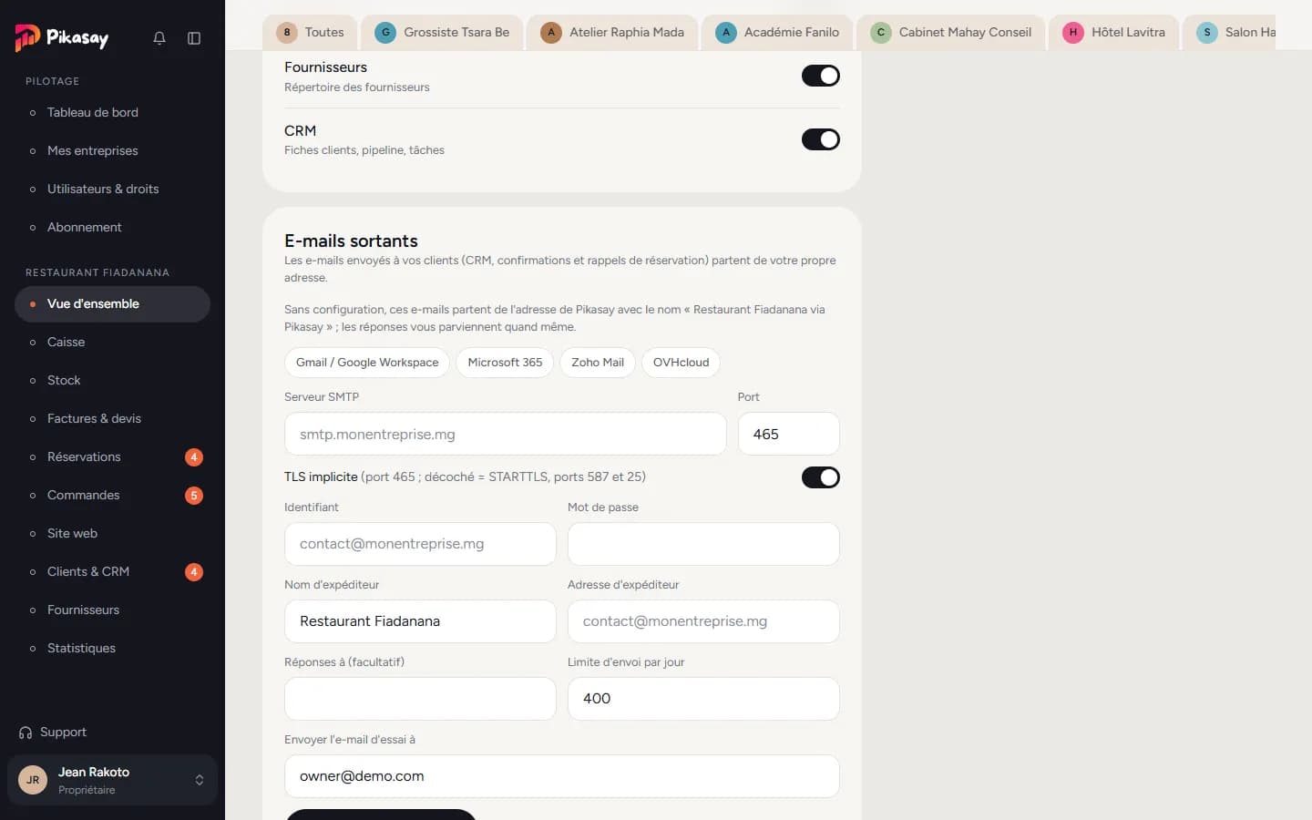 Carte E-mails sortants avec le formulaire SMTP