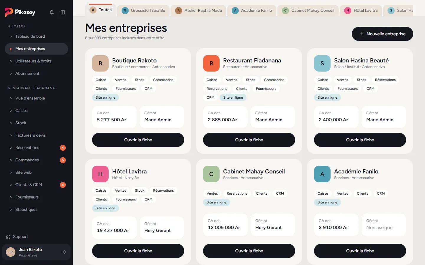 Mes entreprises : une carte par entreprise