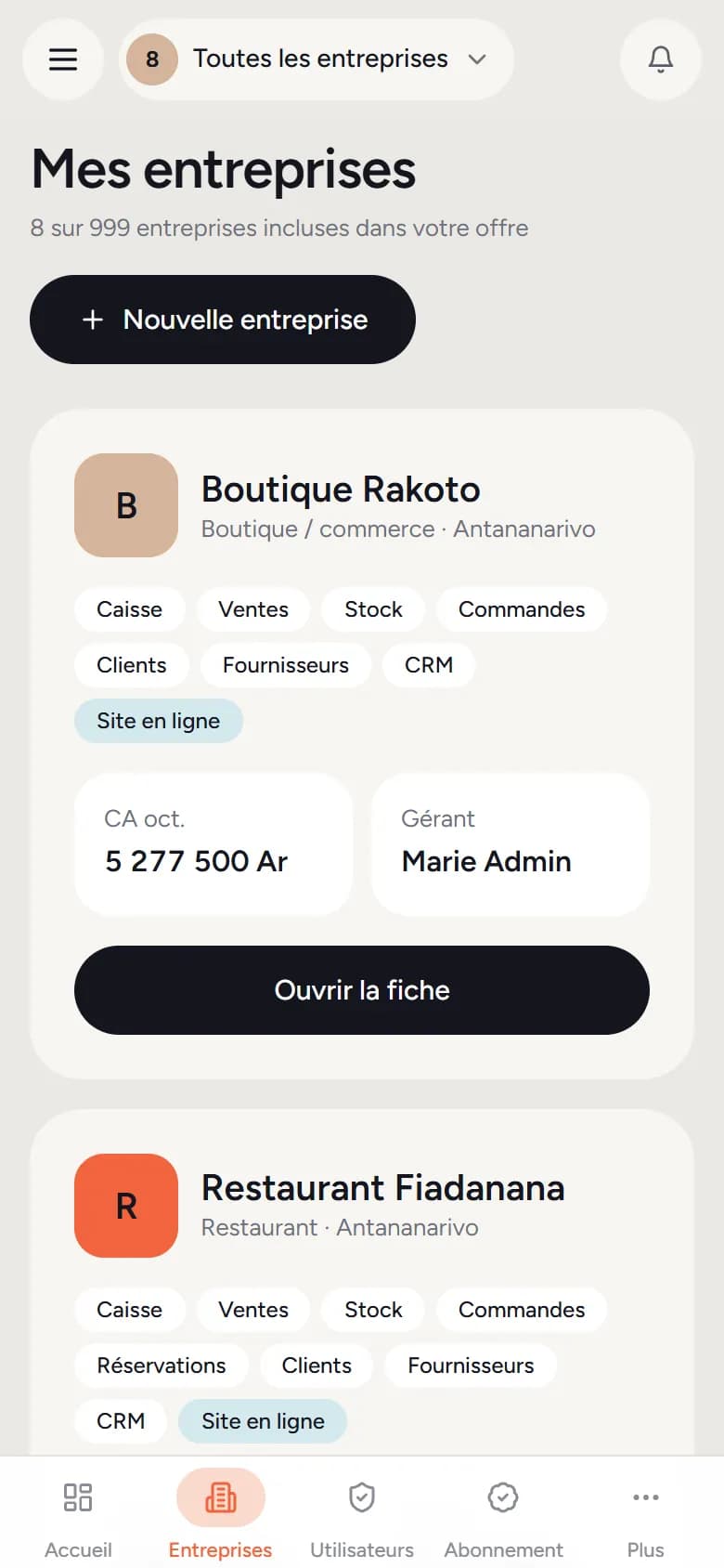 Mes entreprises sur téléphone