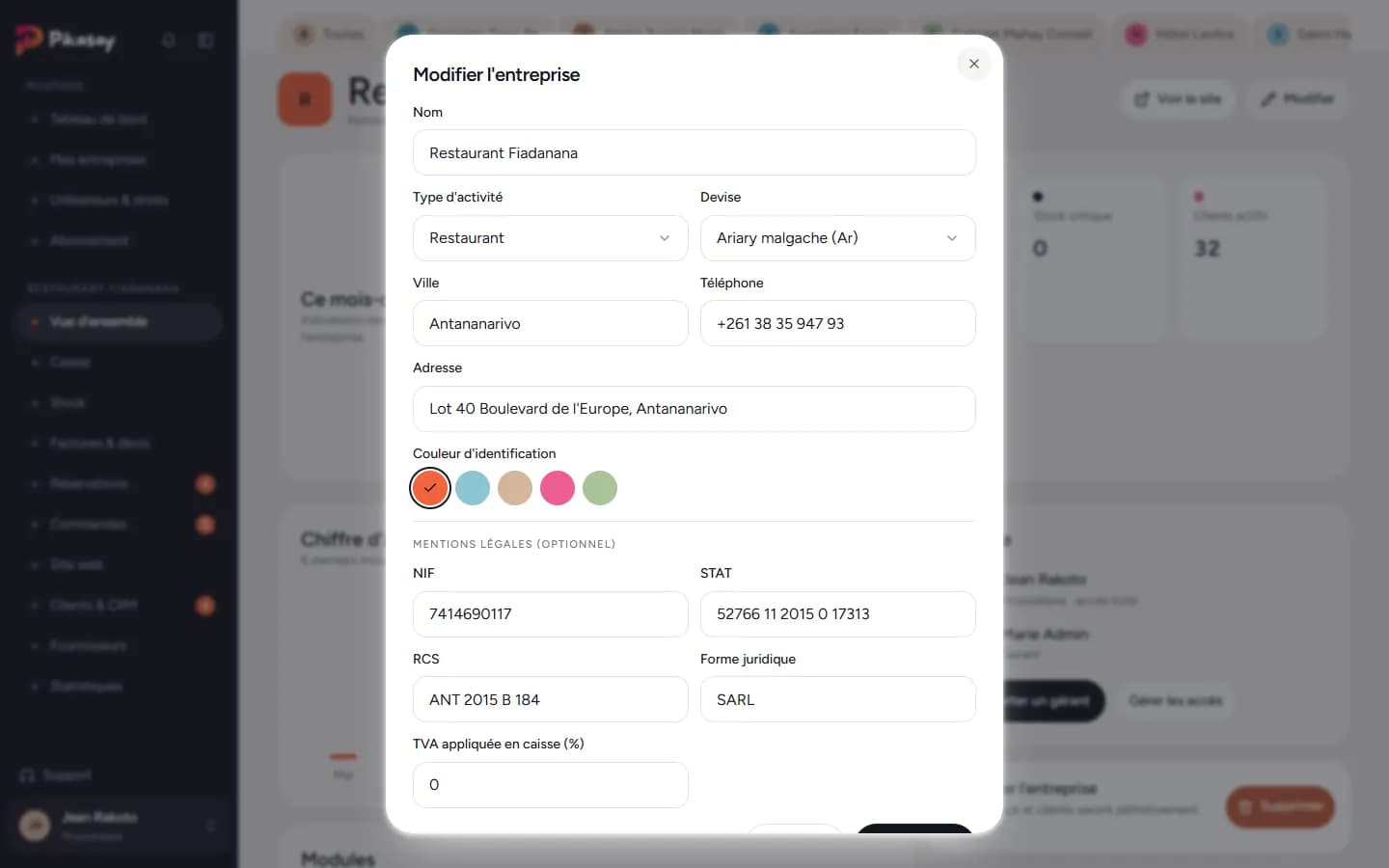 Fenêtre Modifier l'entreprise