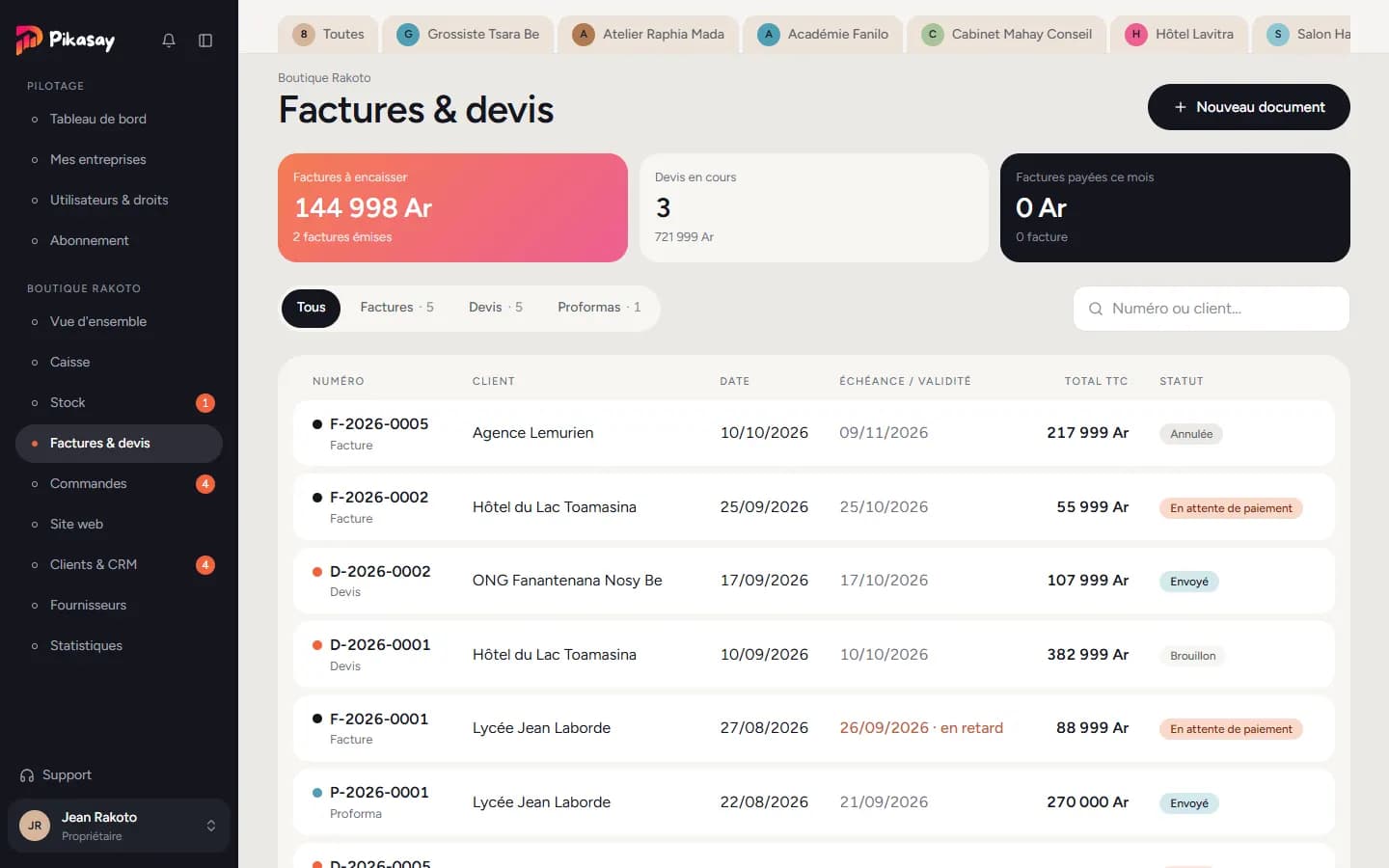 Liste des factures, devis et proformas