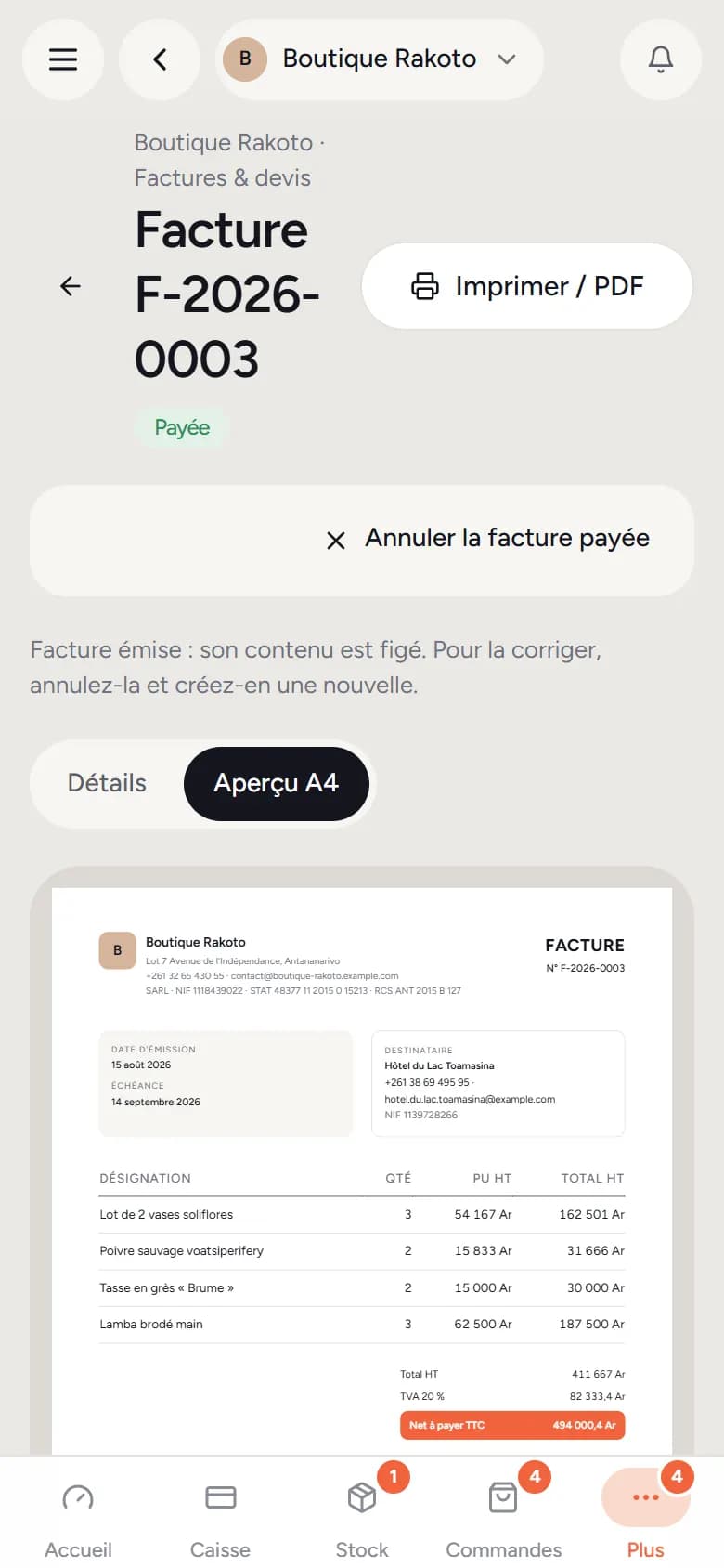 Aperçu A4 d'une facture sur téléphone