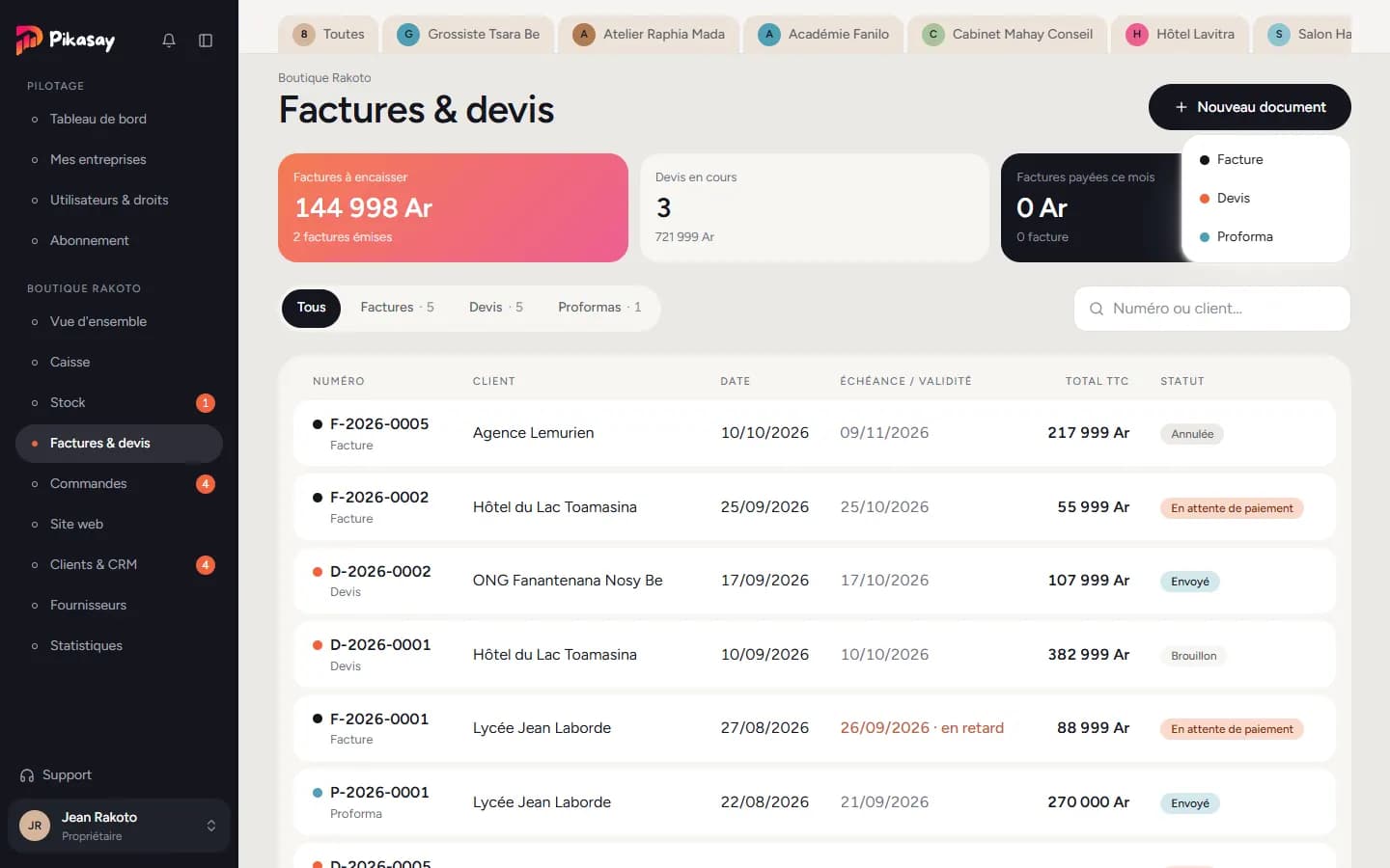 Menu Nouveau document : facture, devis, proforma