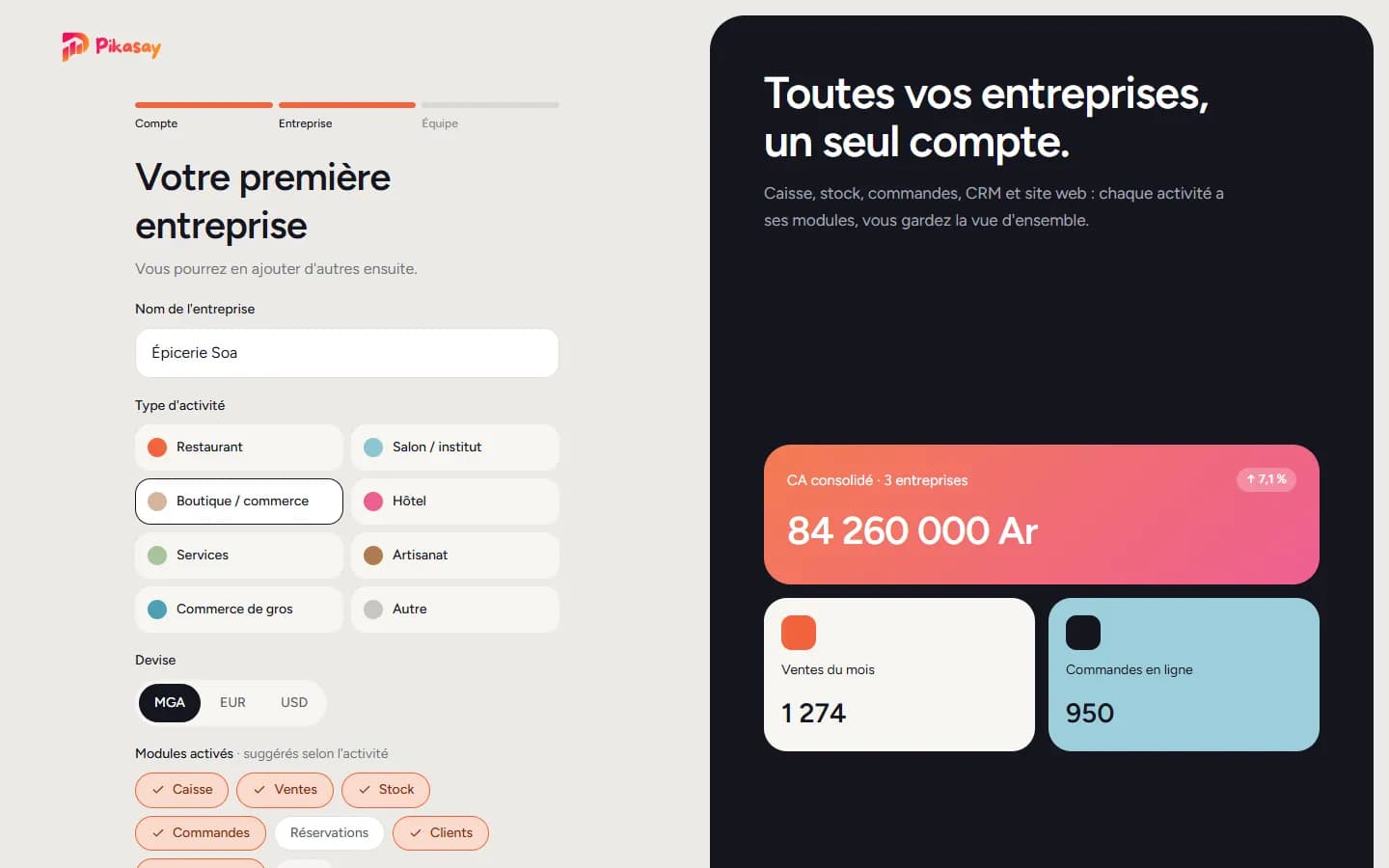 Étape Votre première entreprise : nom, activité, devise, modules