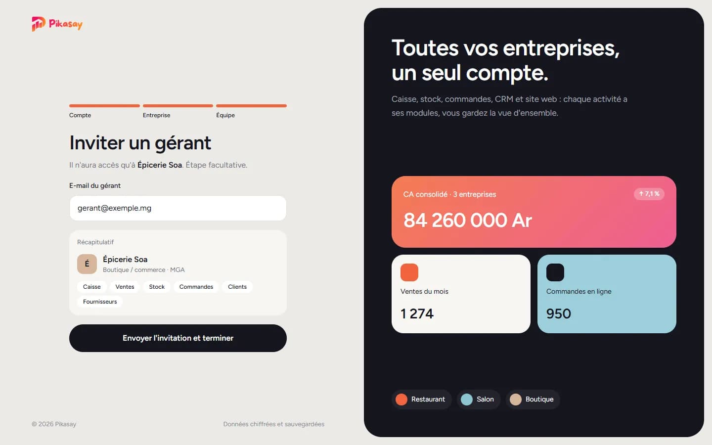 Étape Inviter un gérant avec le récapitulatif de l'entreprise