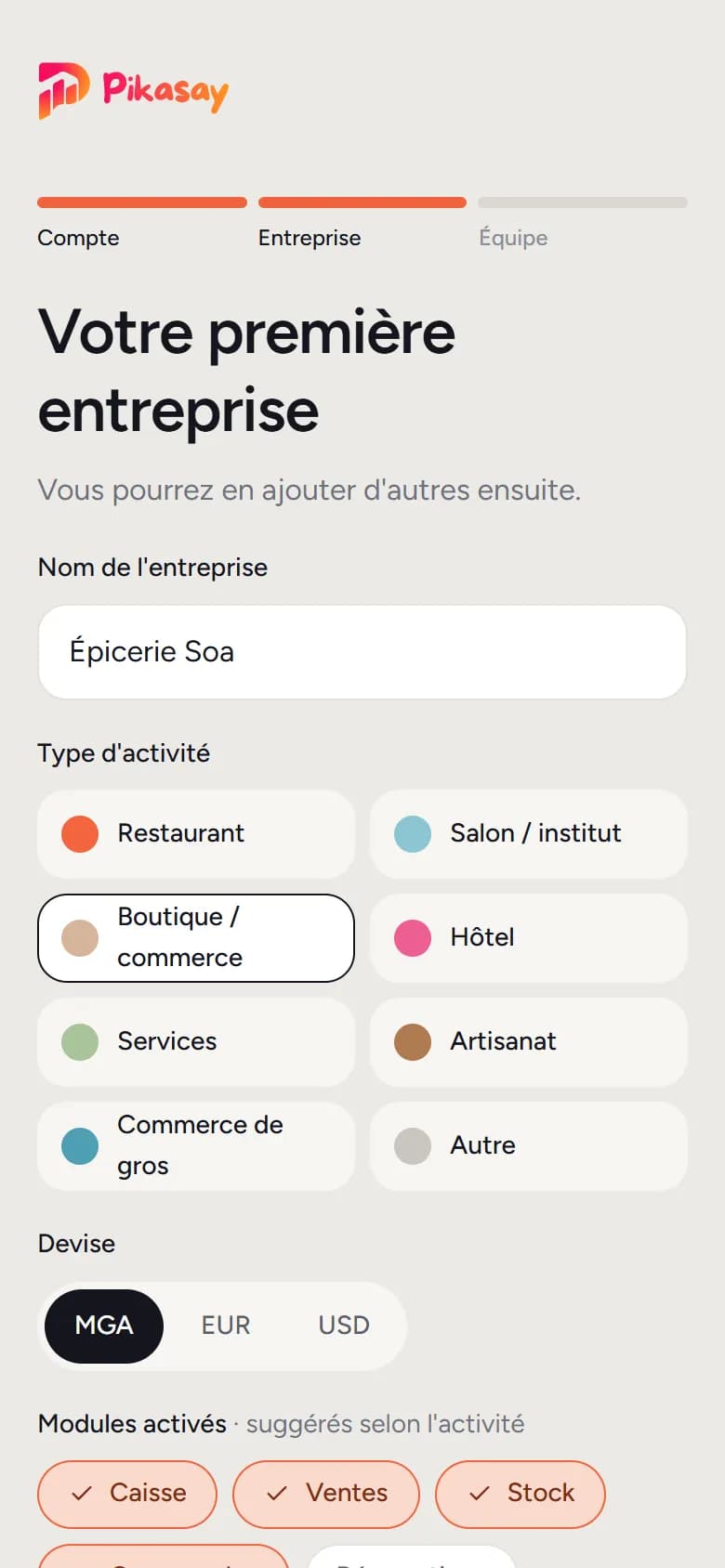 Choix de l'activité sur téléphone