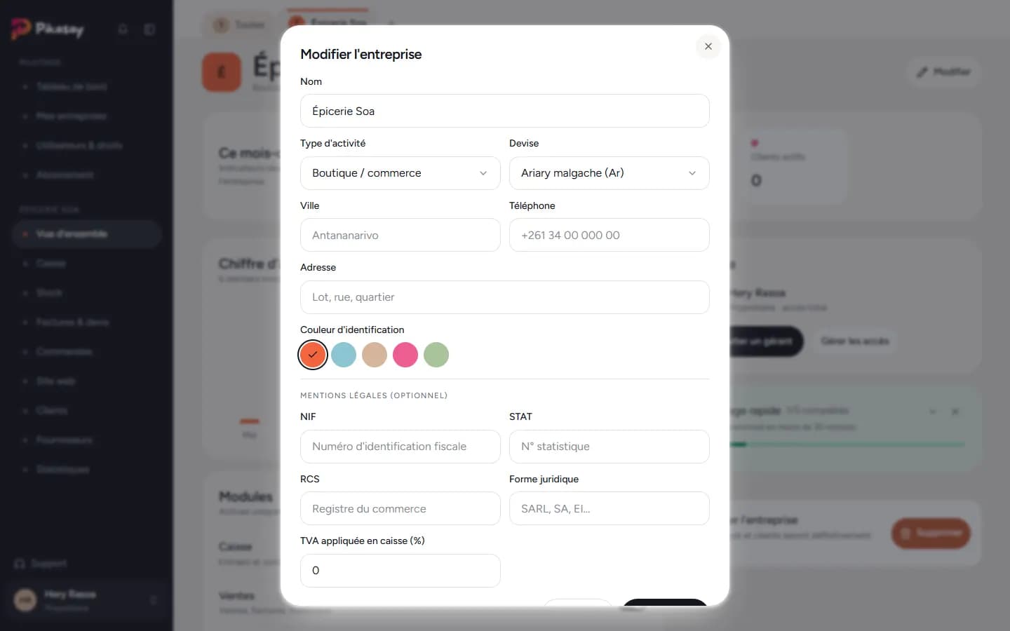 Fenêtre Modifier l'entreprise