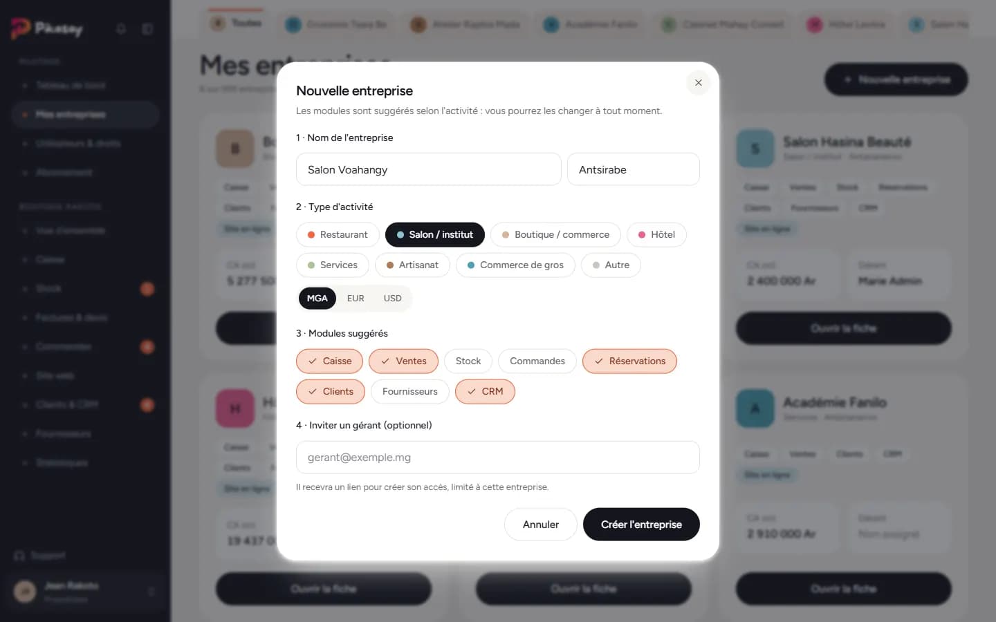 Fenêtre Nouvelle entreprise