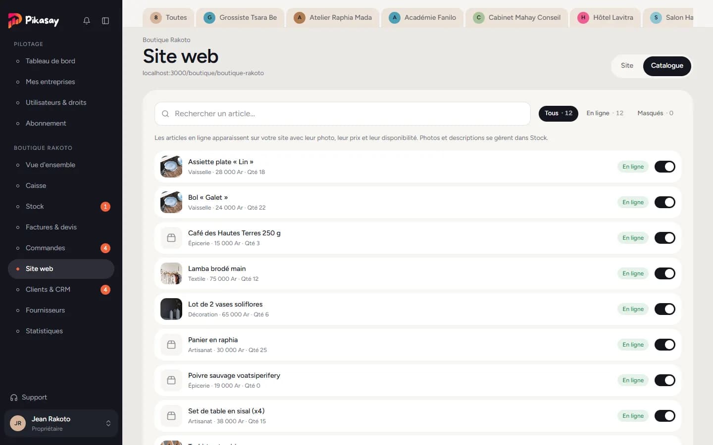 Onglet Catalogue avec les interrupteurs En ligne
