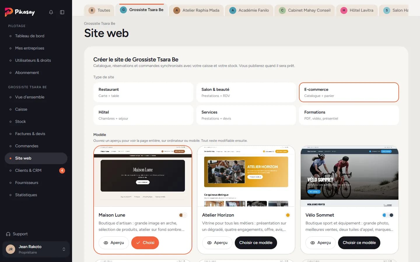 Création du site : type, modèle et adresse