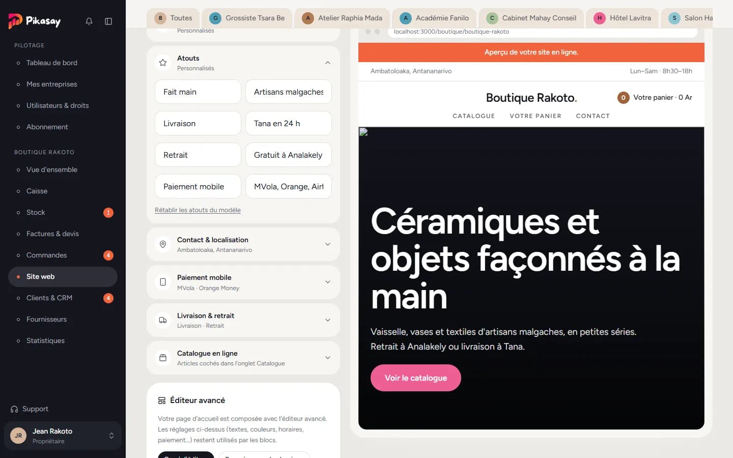 Section Atouts ouverte dans les réglages