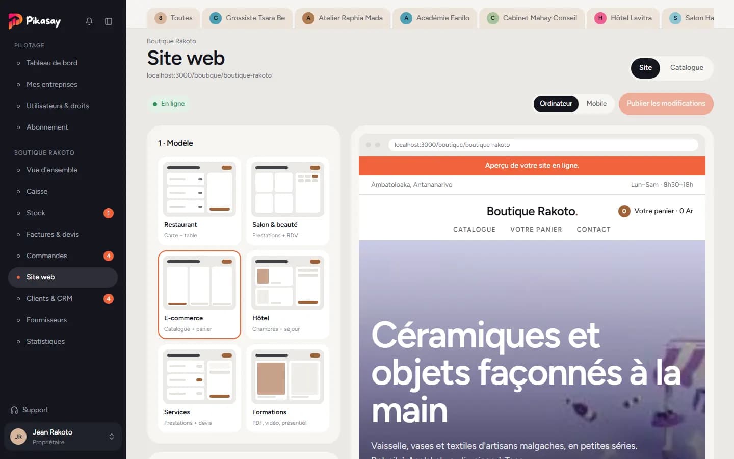 Réglages du site avec l'aperçu en direct