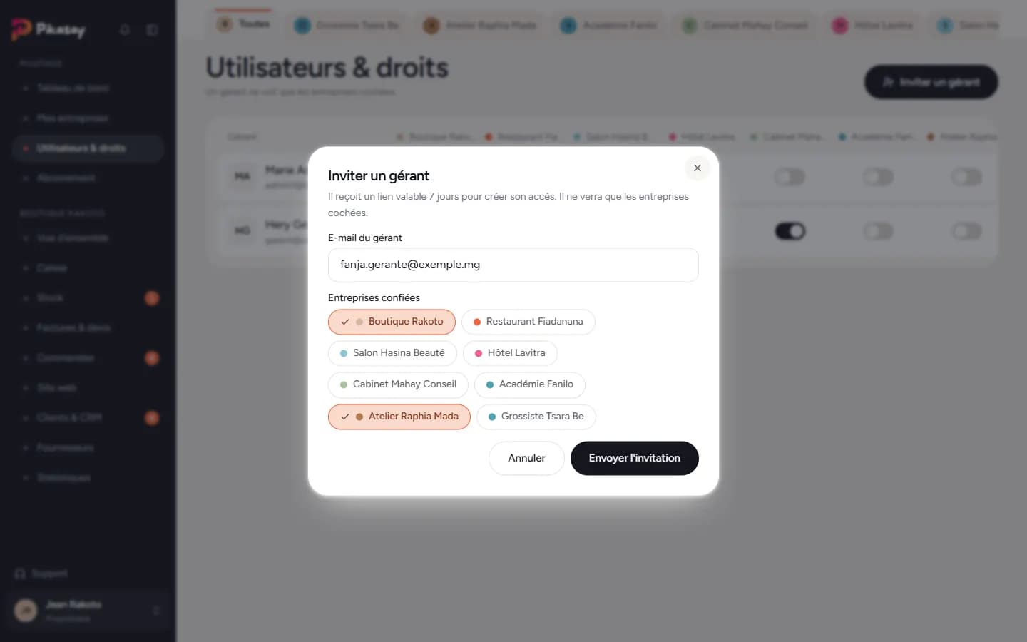 Fenêtre Inviter un gérant
