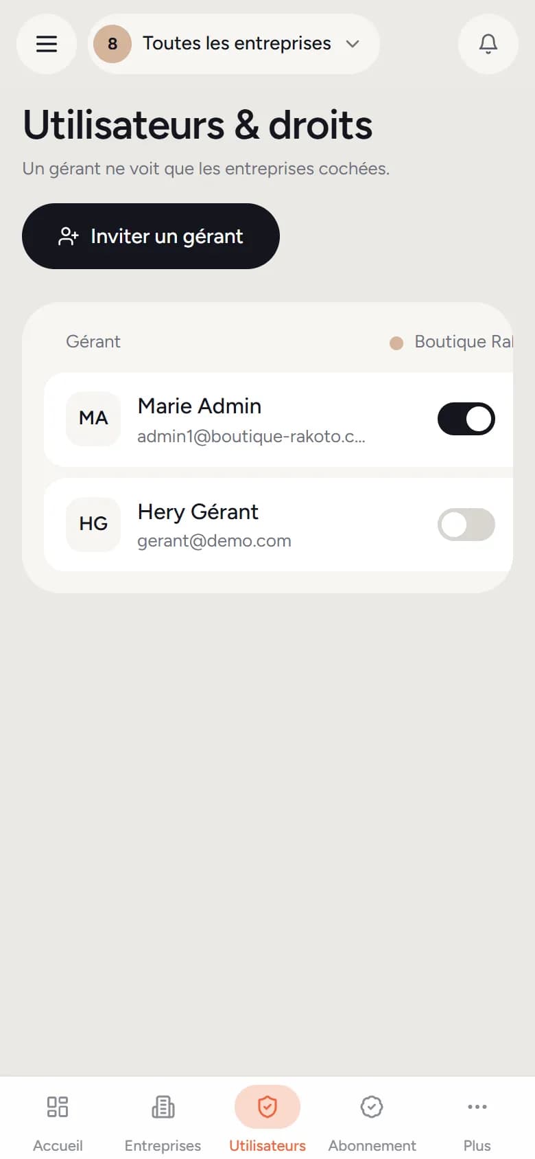 Utilisateurs & droits sur téléphone