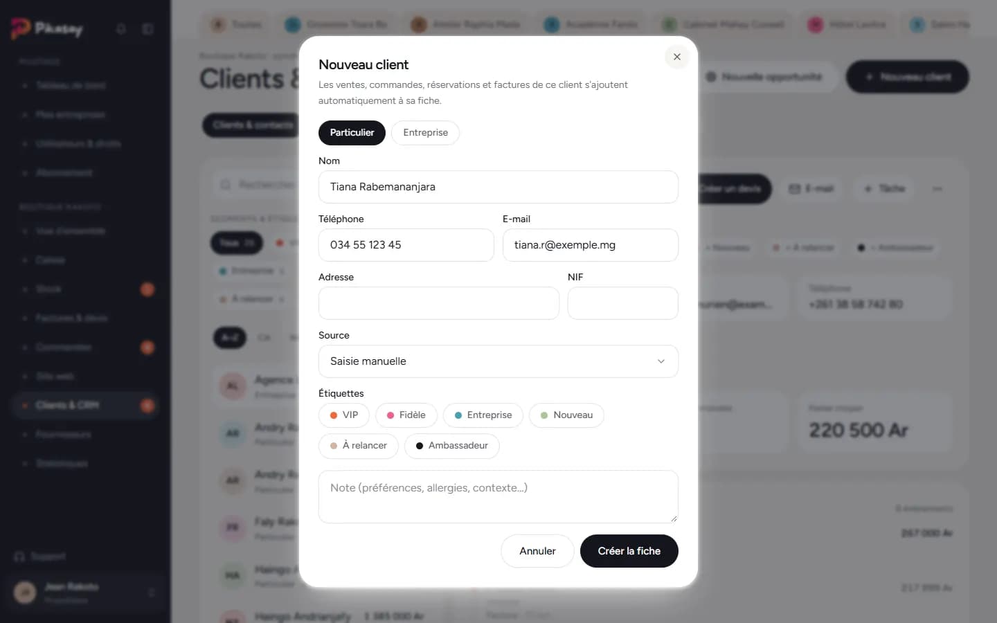 Fenêtre Nouveau client