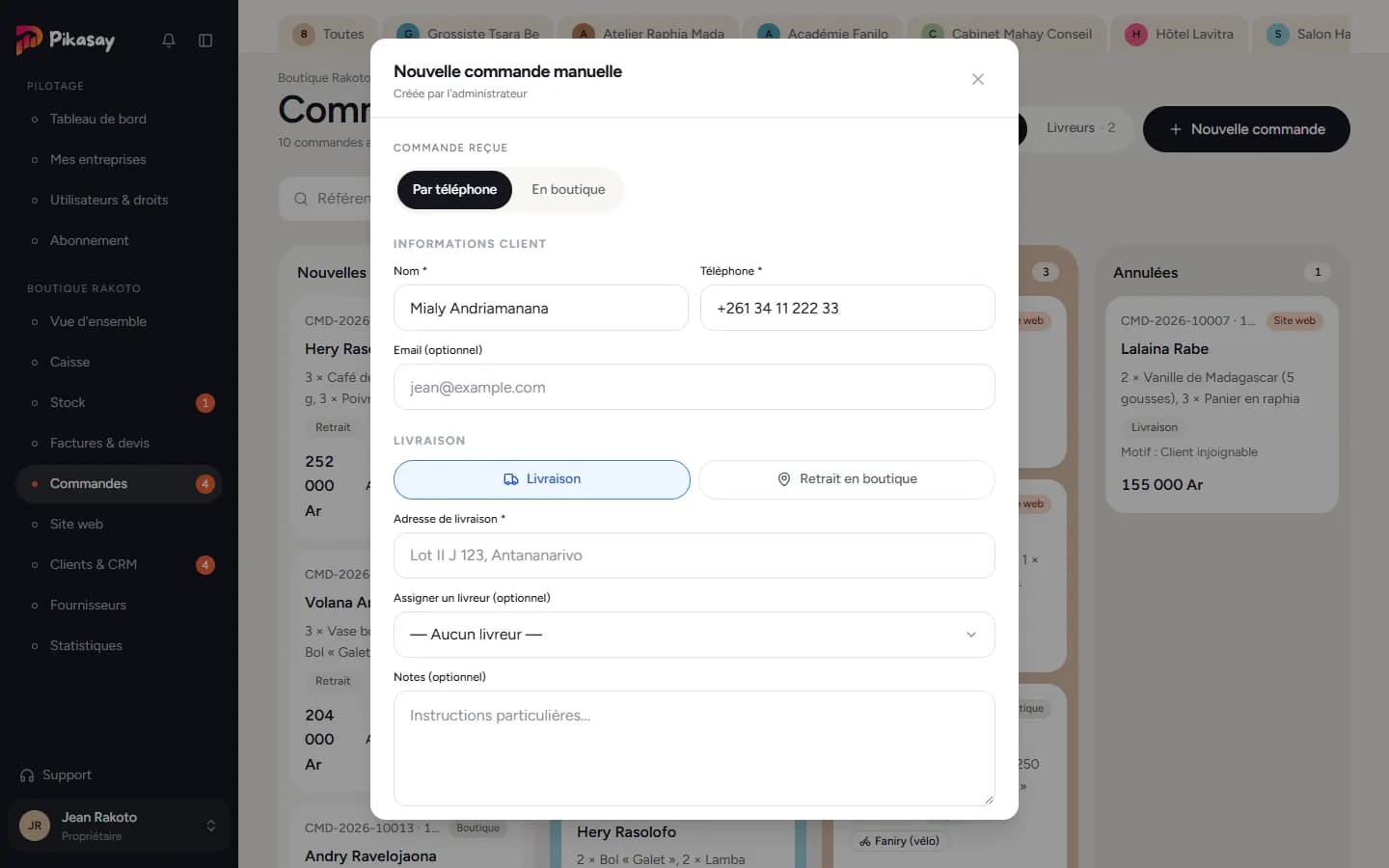 Fenêtre Nouvelle commande manuelle