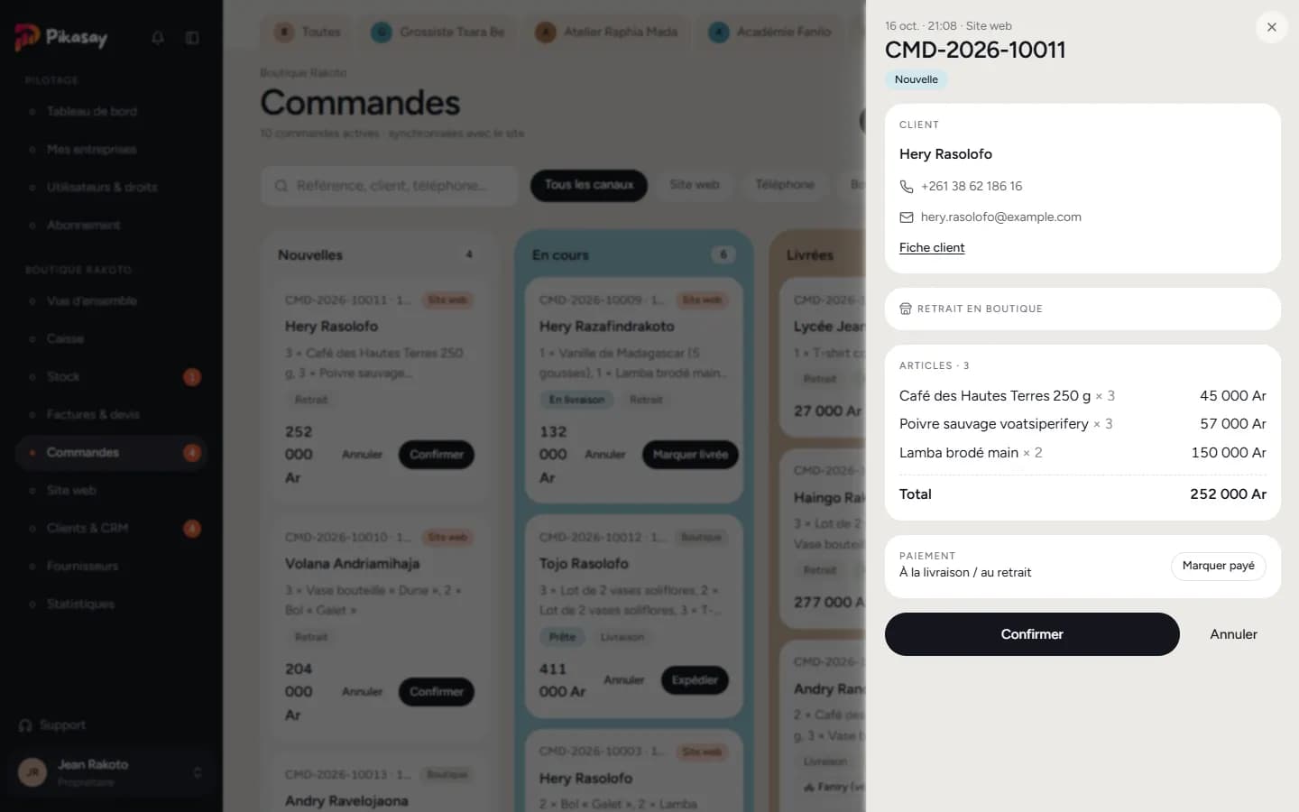 Fiche d'une commande avec le client, les articles et le paiement