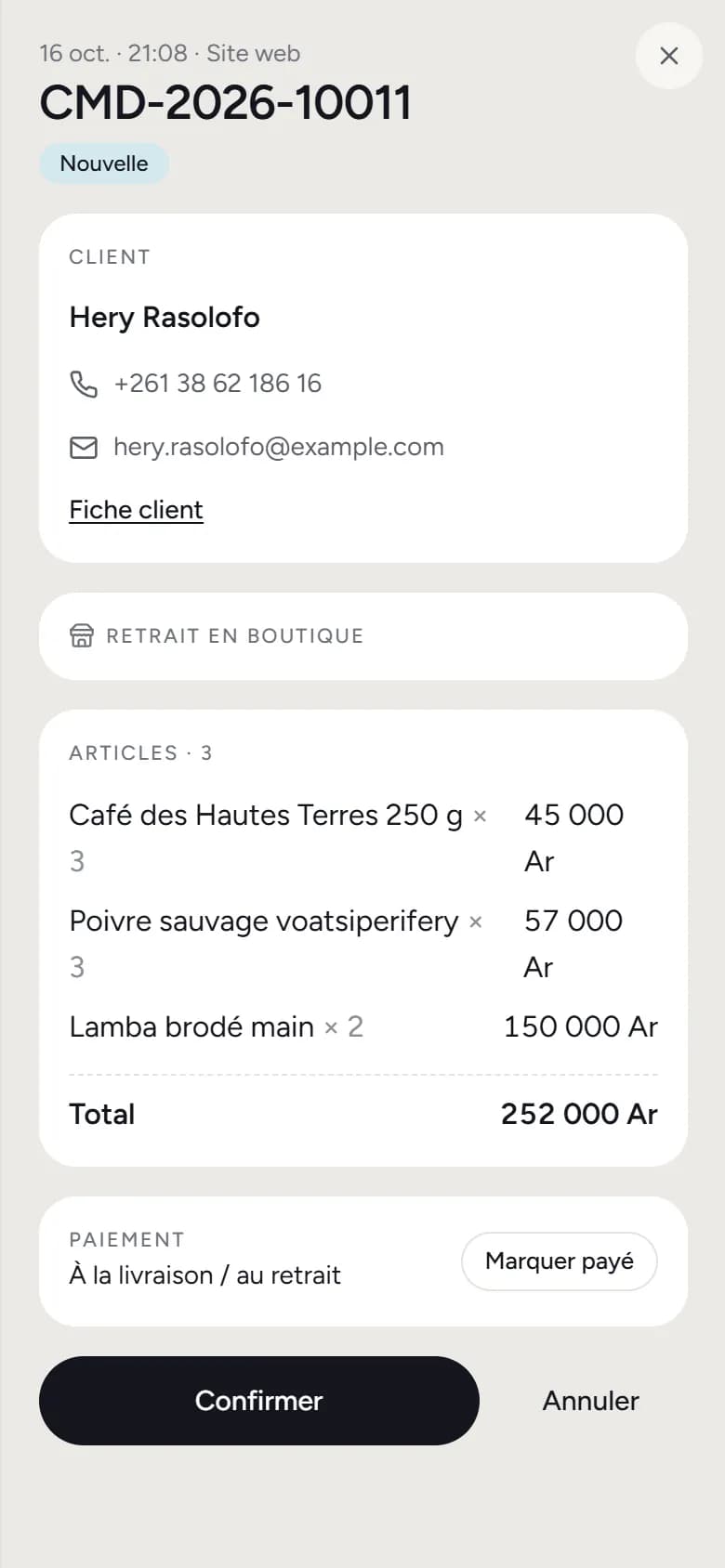 Fiche d'une commande sur téléphone