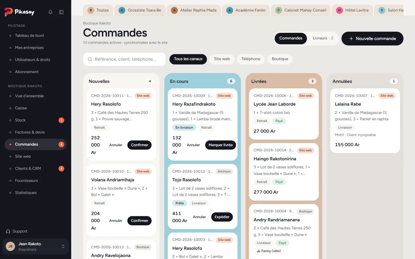 Tableau des commandes en colonnes